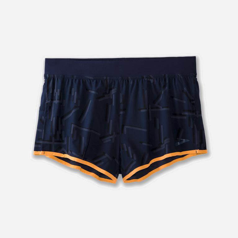 Brooks Men's Sherpa 3 Split Running Shorts Singapore - Navy Geo Emboss/Fluoro Orange (81372-VHOI)